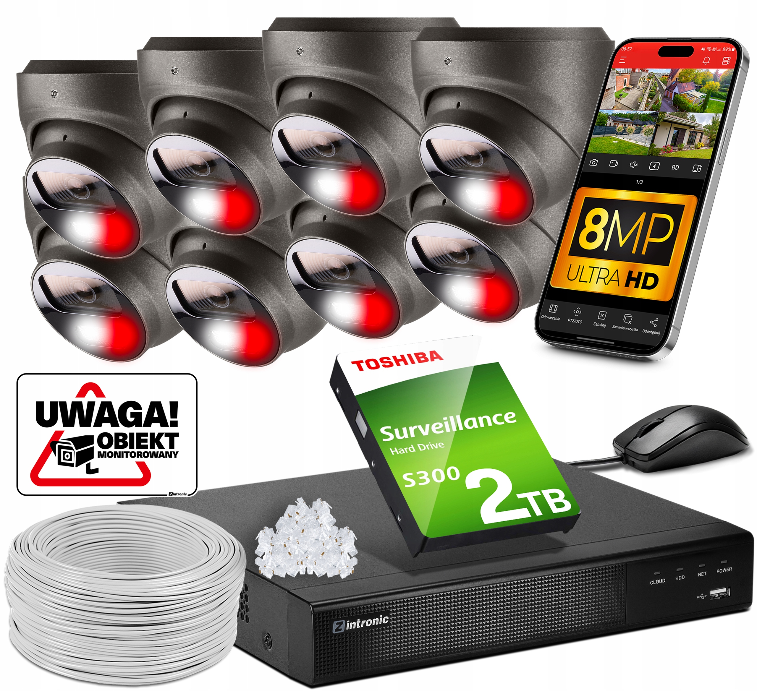 Sada pro Monitorování 8 kamer Poe 4K Ultra Hd 8Mpx Šedé kopule Detekce 2TB