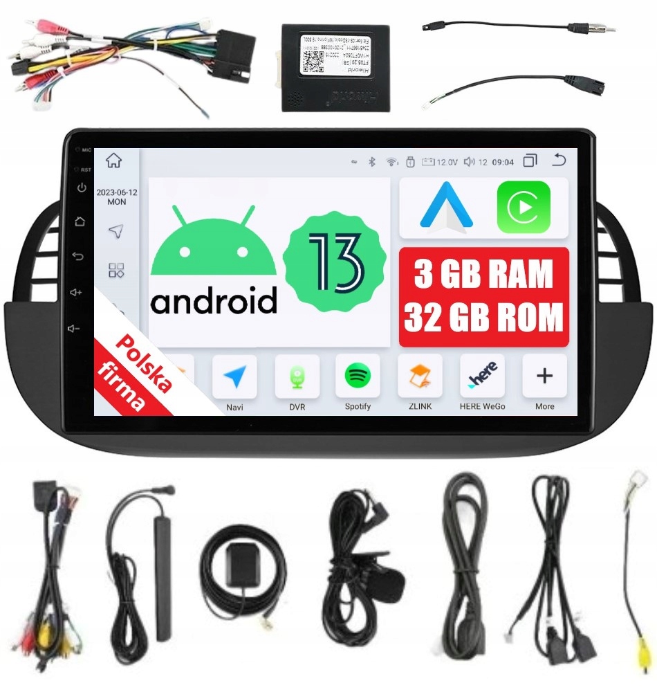 Rádio 2DIN Navigace Android Fiat 500 3/32 Gb Dsp Carplay Lte Qled