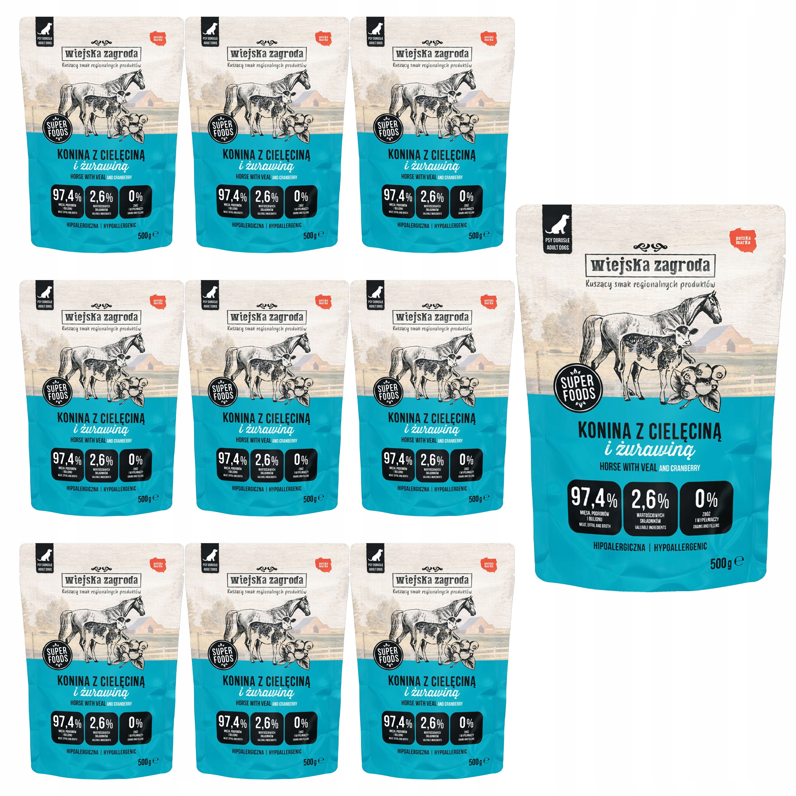 Levně Wiejska Zagroda krmivo pro psa Konina s telecím masem 10 x 500 g