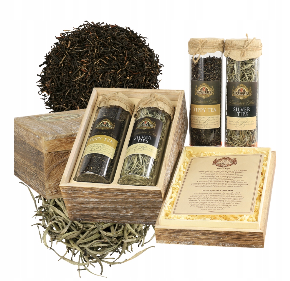 Levně Basilur Silver Tips & Tippy – 2 Skleněné Tuby s černým a bílým čajem 100 g