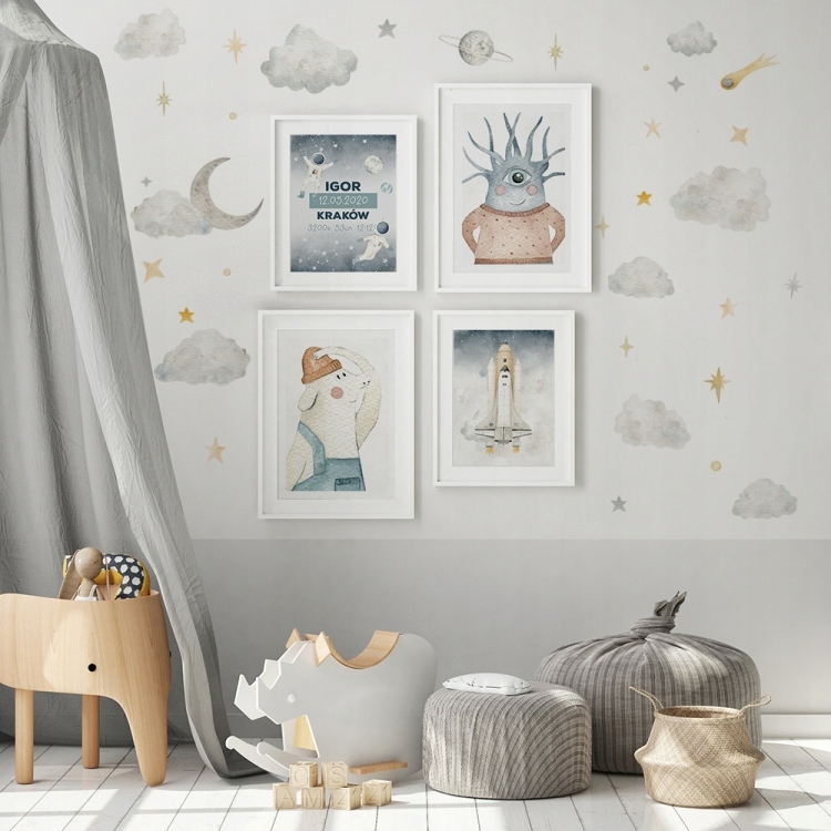 NAKLEJKI NA ŚCIANĘ DUŻY ZESTAW KOSMOS KSIĘŻYC CHMURKI GWIAZDKI L Marka YokoDesign