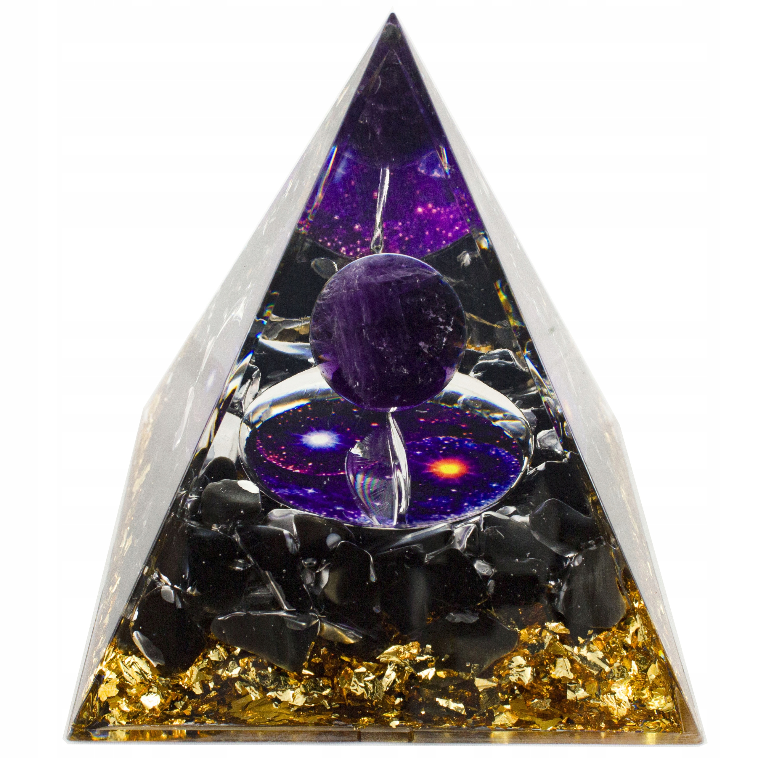 Duża Piramidka Orgonitowa Kwarc Obsydian Ametyst Zdrowie Harmonia 8 cm