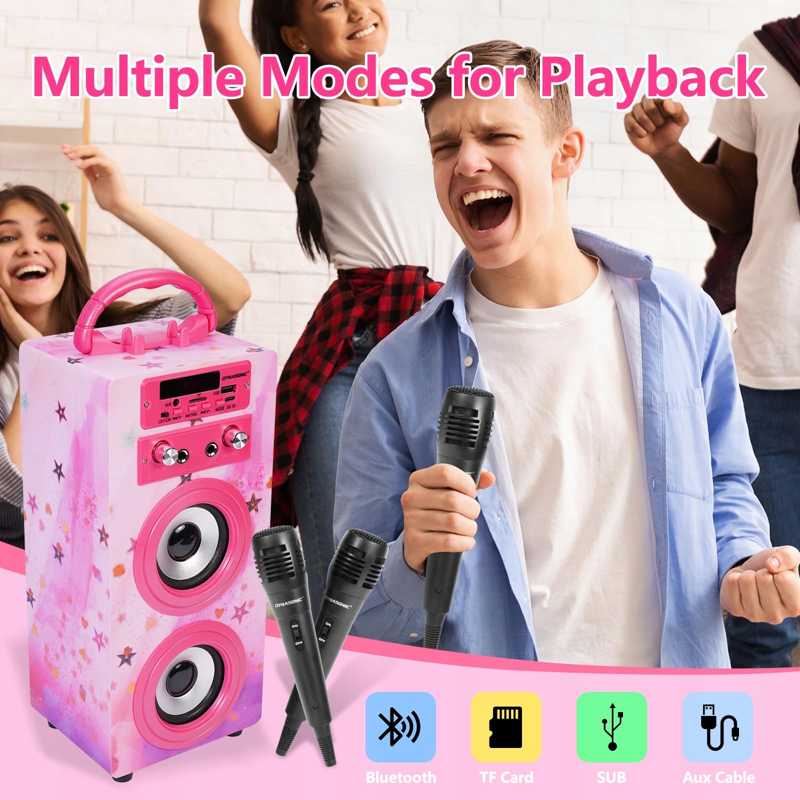 DYNASONIC Karaoke Z 2 Mikrofonami Przenośny Głośnik Bluetooth Dla Dzieci — miniatura 5
