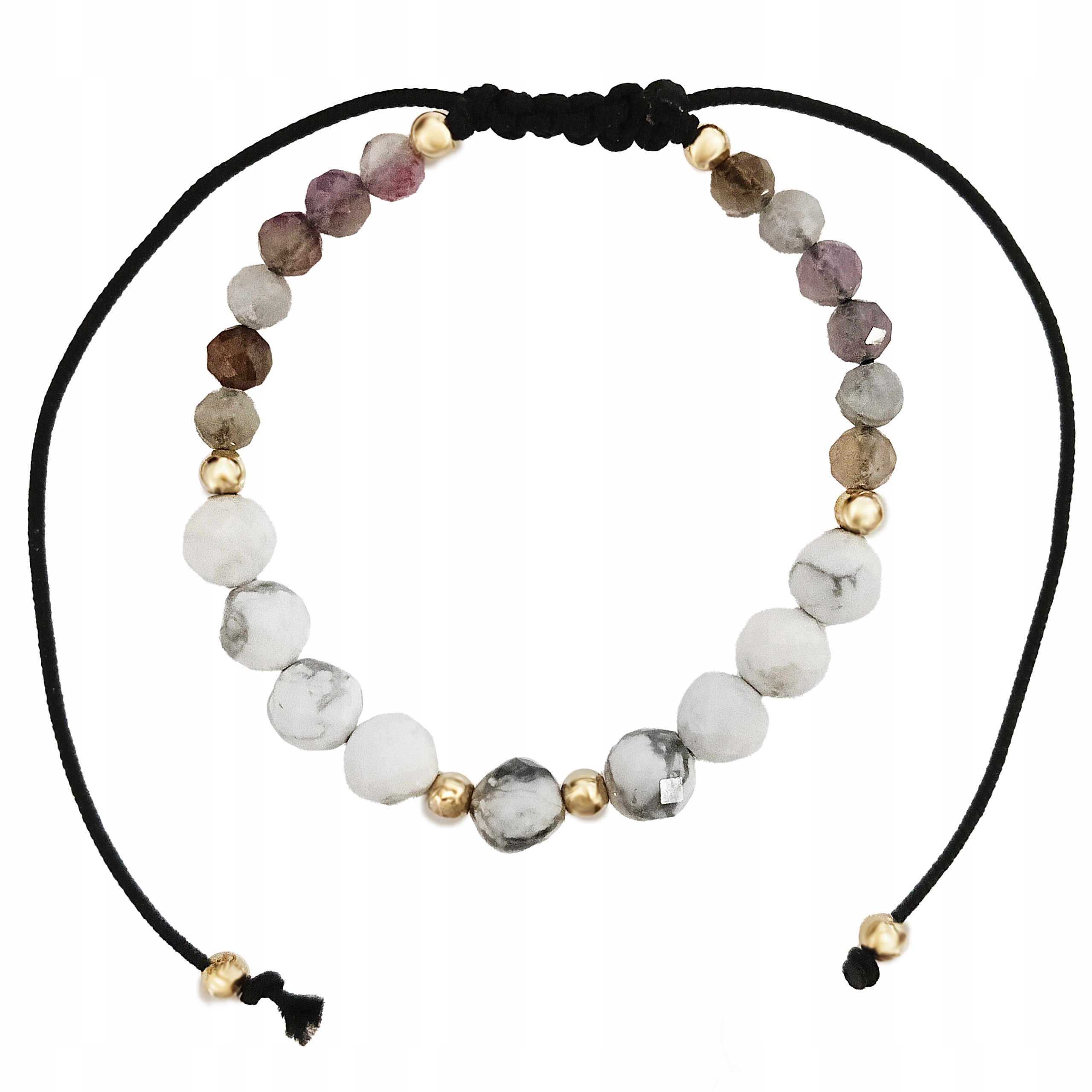 Zlatý černý provázkový náramek 585 s bílými korálky a diamantem