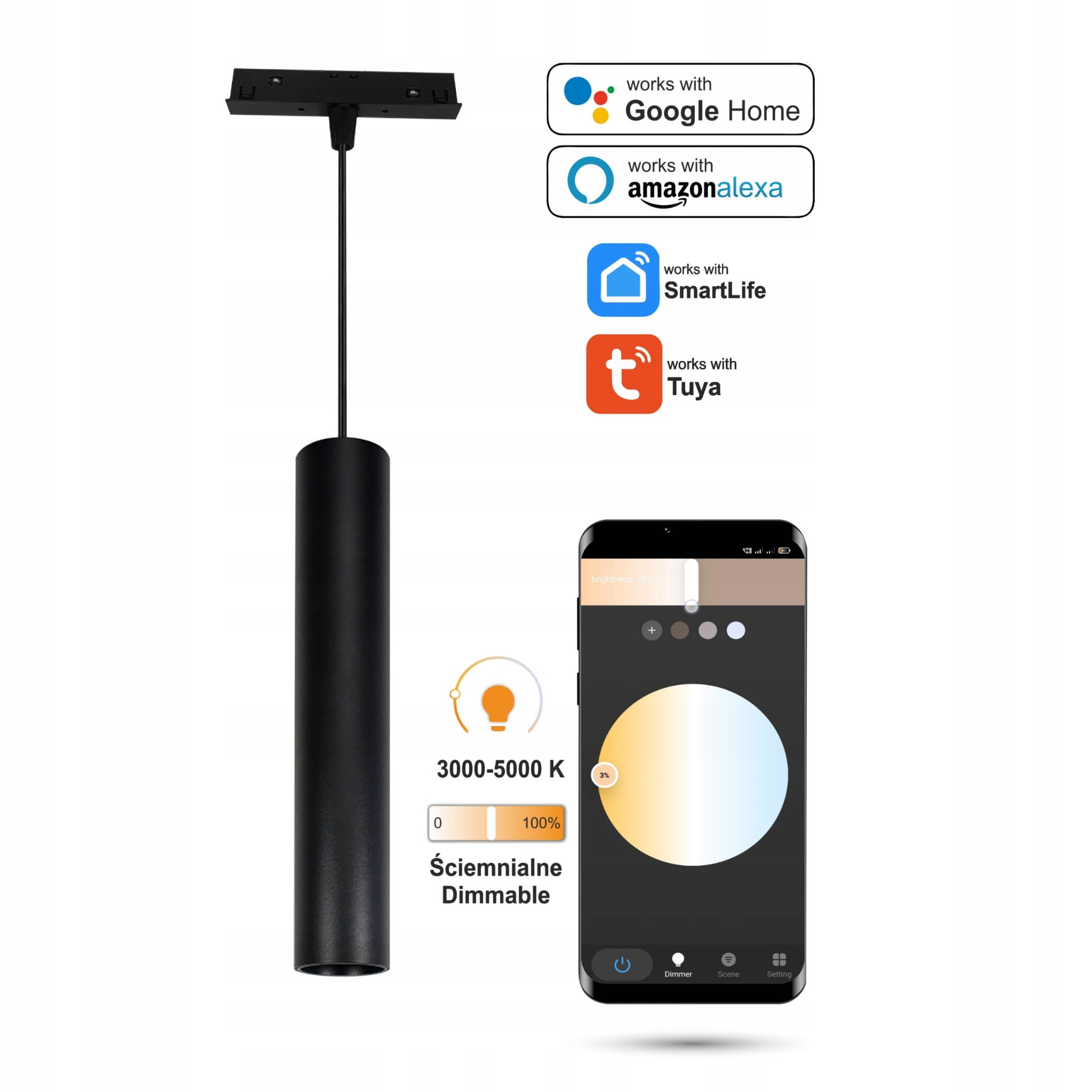 Led závesná lampa 2.4GHZ Tuba 10W pre magnetické lišty Smart Track 48VDC