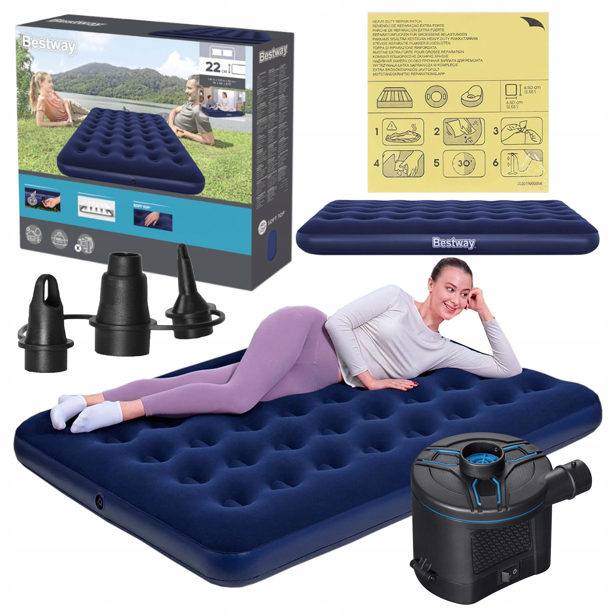 Matrace Nafukovací Dvoulůžková 191x137x22 Elektrická Bateriová Pumpa Set
