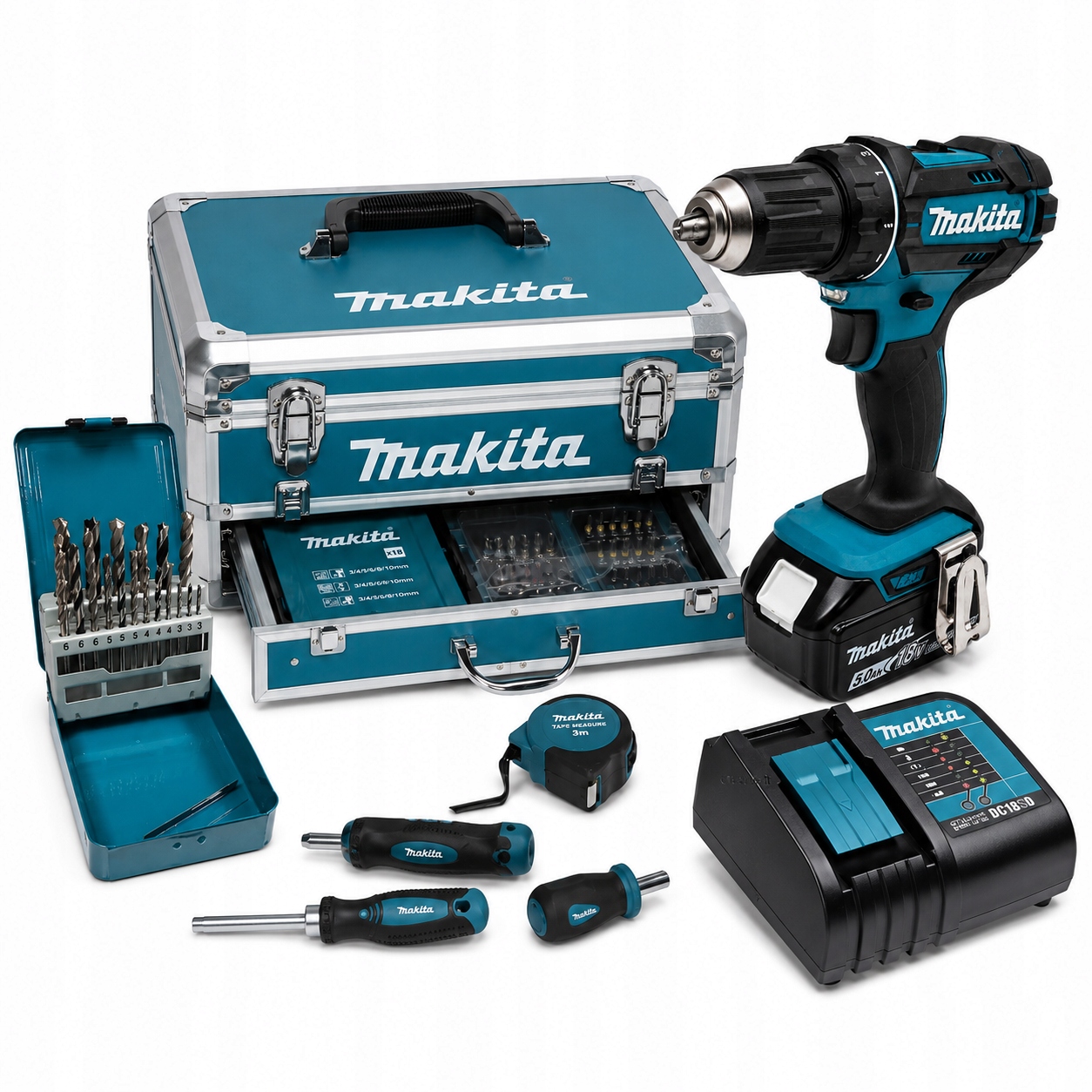Makita DHP482RF1X9 Příklepový šroubovák Lxt 18V 1x3Ah 62Nm Kufr Vrtáky Bit