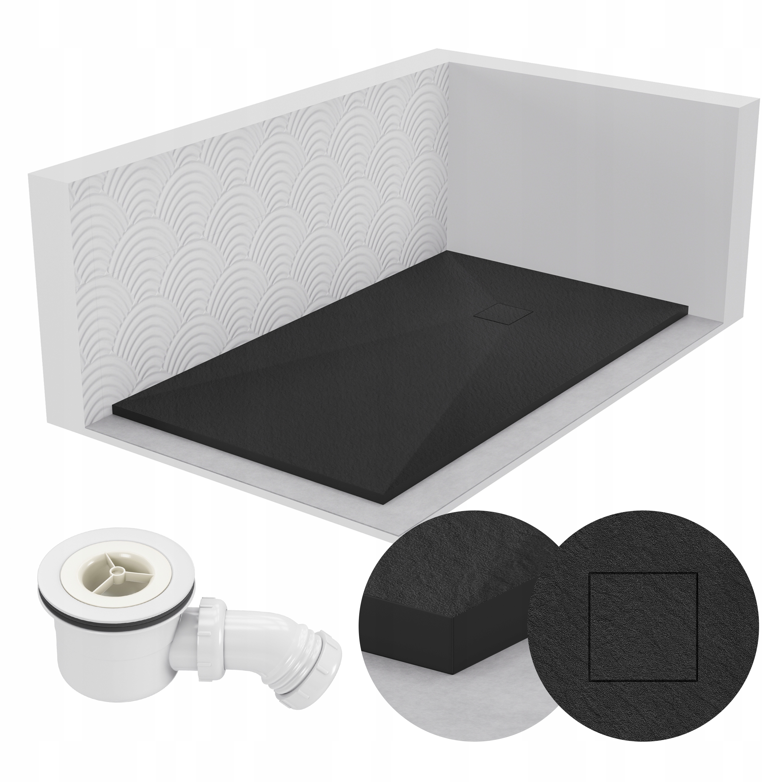 Sprchová vanička obdélníková 170x90 kamenný vzor 2,6 cm černá sifon