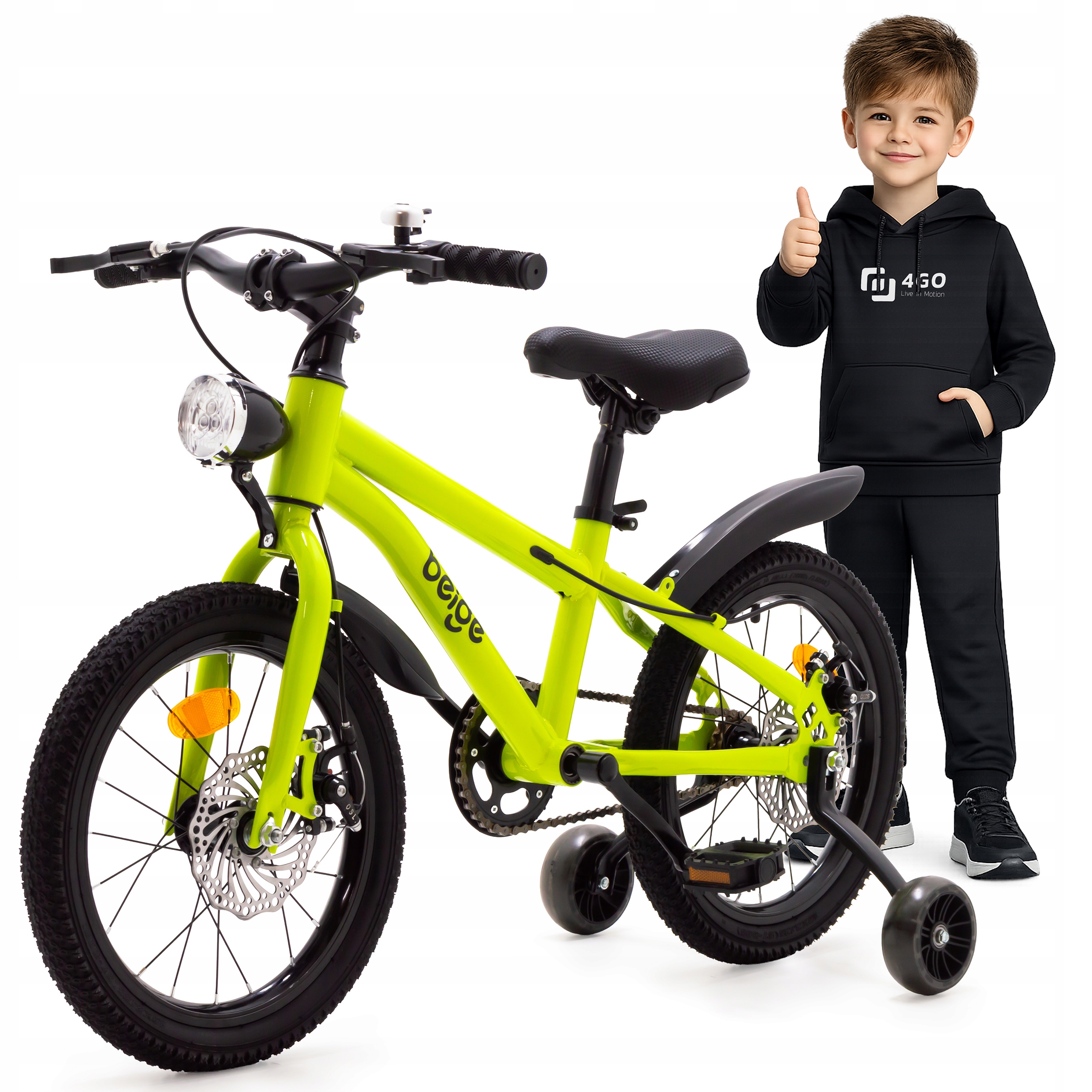 Rowerek 14 Cali Rower Dla Dzieci Zielony Hamulce Tarczowe Boczne Kółka