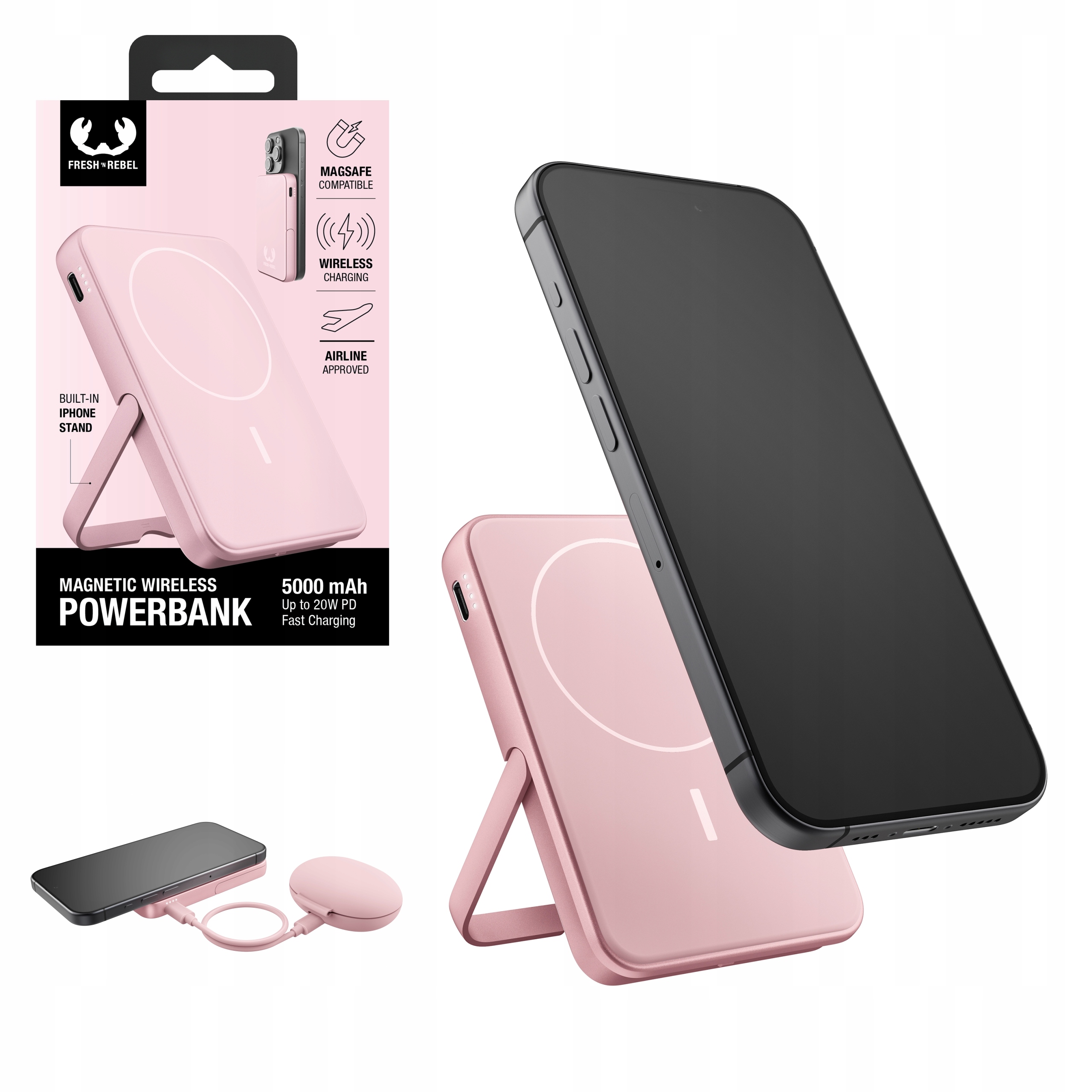 Fresh 'n Rebel 2PBM5000SPP Magnetic Wireless 5000mAh MagSafe 7,5W Pastel Pink
