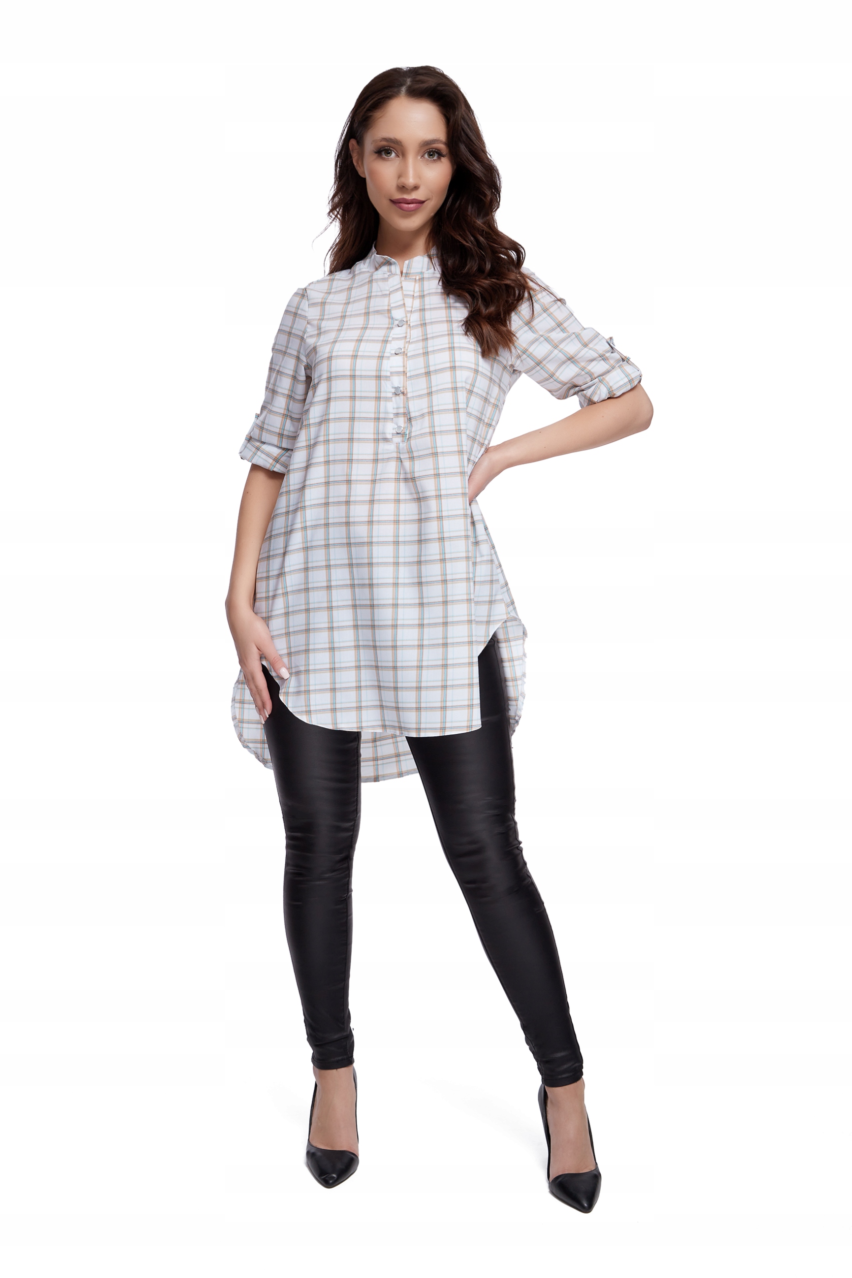 ELEGANCKA luźna DŁUGA Koszula kolory*krata R- 44 Rękaw rękaw 3/4