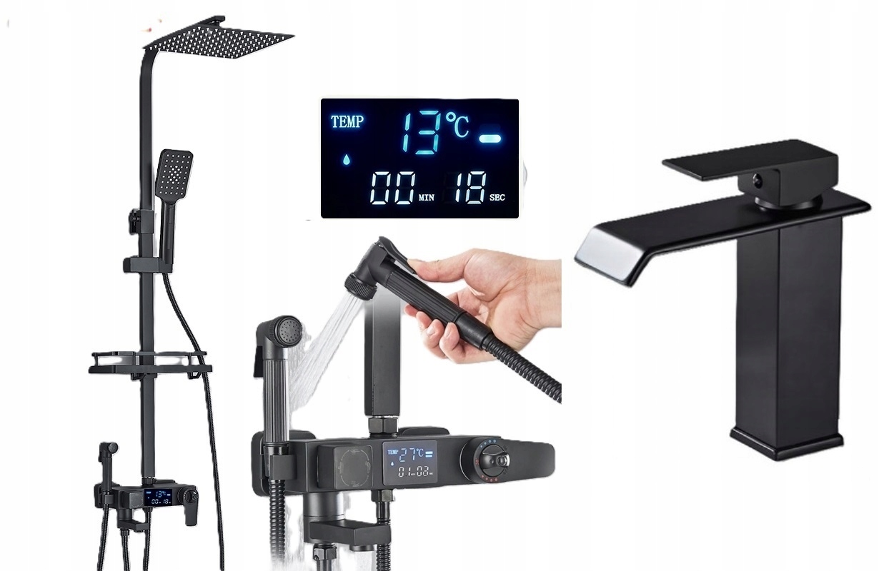 Čierna sprchová batéria Termostat LCD sada