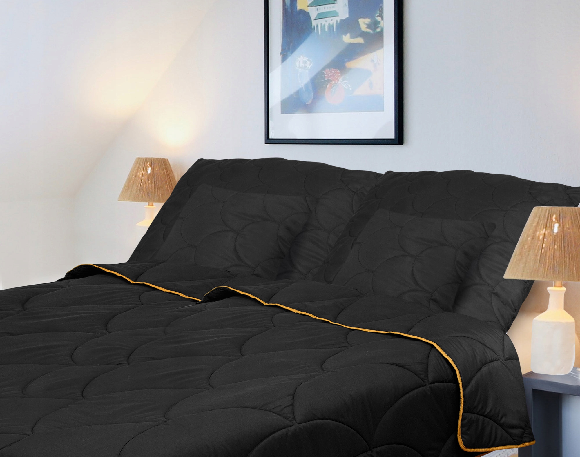 KOŁDRA CAŁOROCZNA ANTYALERGICZNA 160x200 DELUX PIKOWANA LEKKA CZARNA POLSKA Długość 200 cm