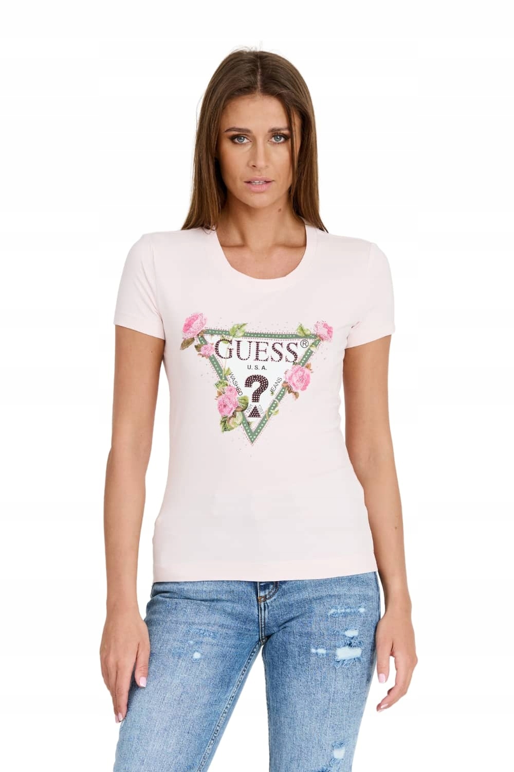 Guess Růžové tričko Floral Triangle Tee M