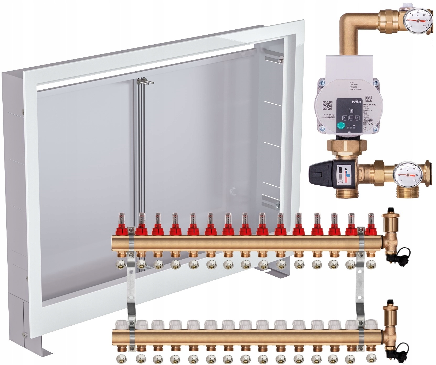 Rozdělovač pro podlahovku 15 s Skupinou Wilo Spojky Pex Podomítková Skříňka