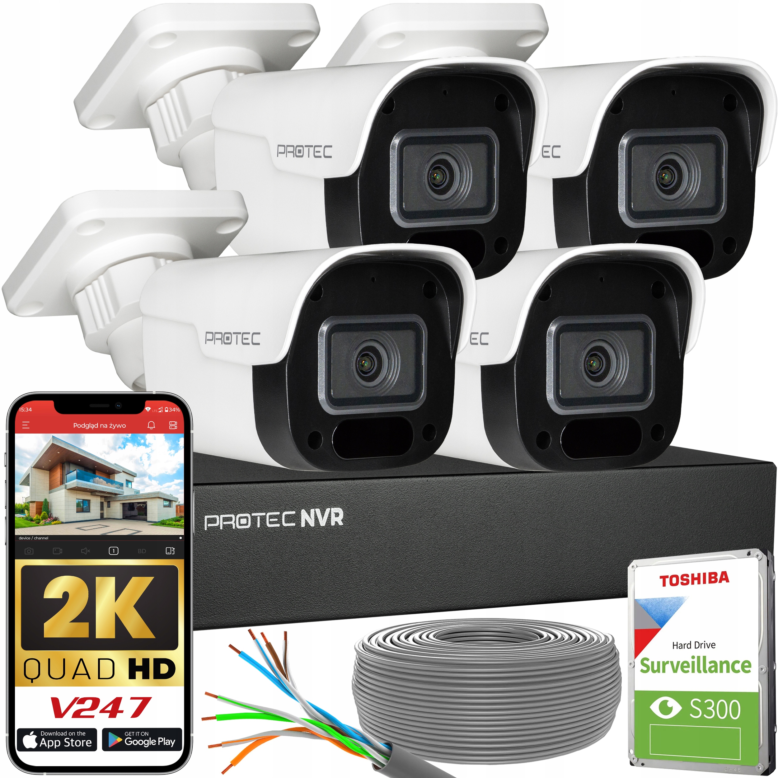 Zestaw monitoringu 4 kamery IP PoE 4Mpx z mikrofonem podgląd online z HDD