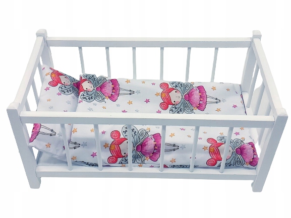 BIAŁE DREWNIANE ŁÓŻECZKO DLA LALEK + POŚCIEL 3 elementy