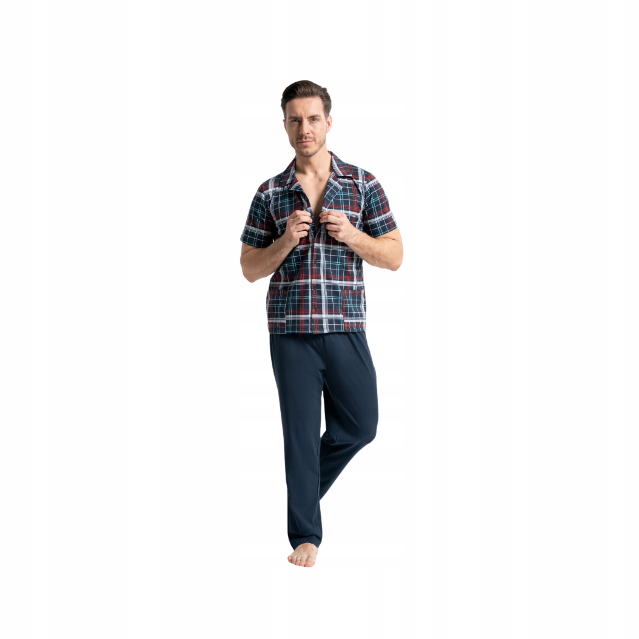 Pánské pyžamo s krátkým rukávem, bavlněné, 2XL, dlouhé kalhoty, rozepínací, kostkovaný vzor