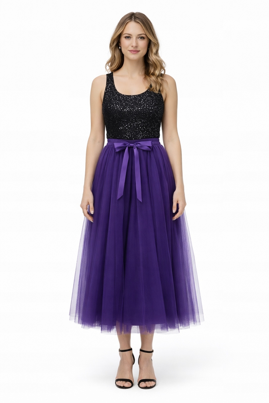 Fialová Tylová Sukně MIDI S Podšívkou S I4A