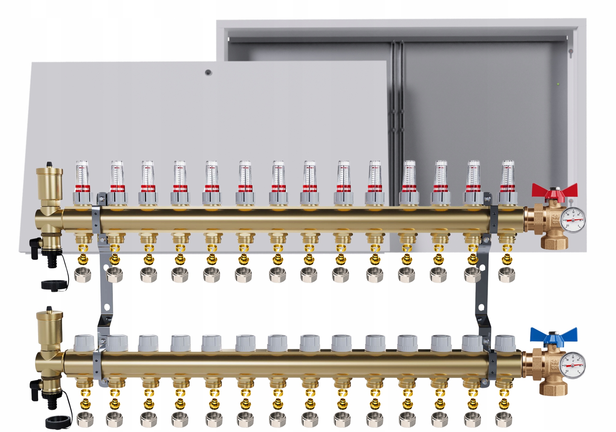 Rozdělovač Pro Podlahovku 14 Okruhů Ventily Teploměr Krabička Pex