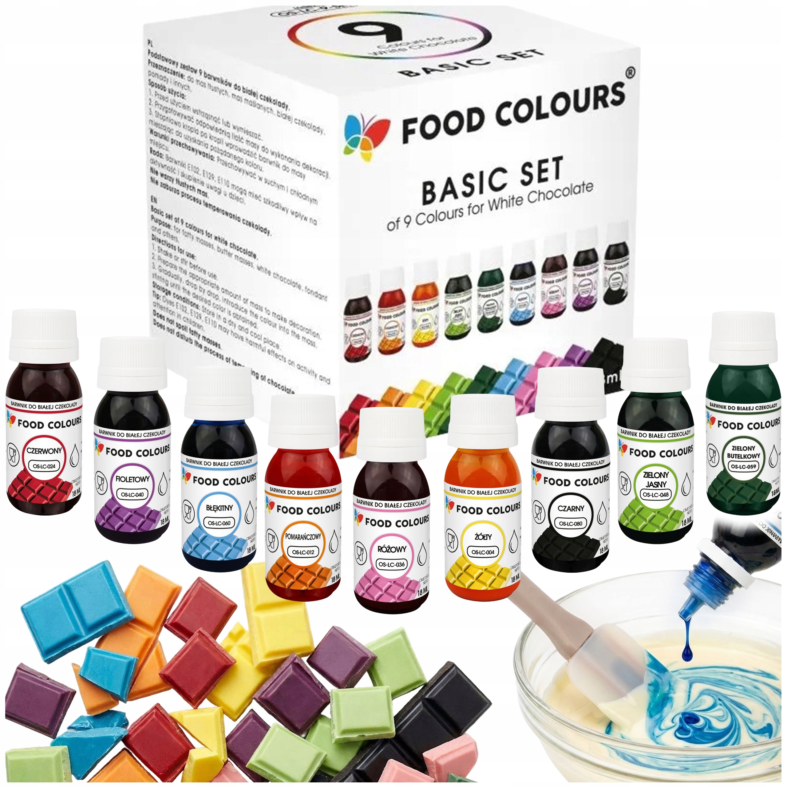 Zestaw 9SZT MIX Barwników Spożywczych Do Mas Tłustych Białej Czekolady 18ML
