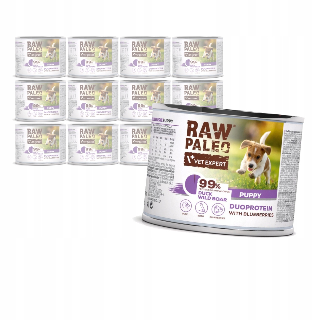 Raw Paleo Puppy Duo 12x200g Vlhké Krmivo pro štěňata Kachna s divočákem