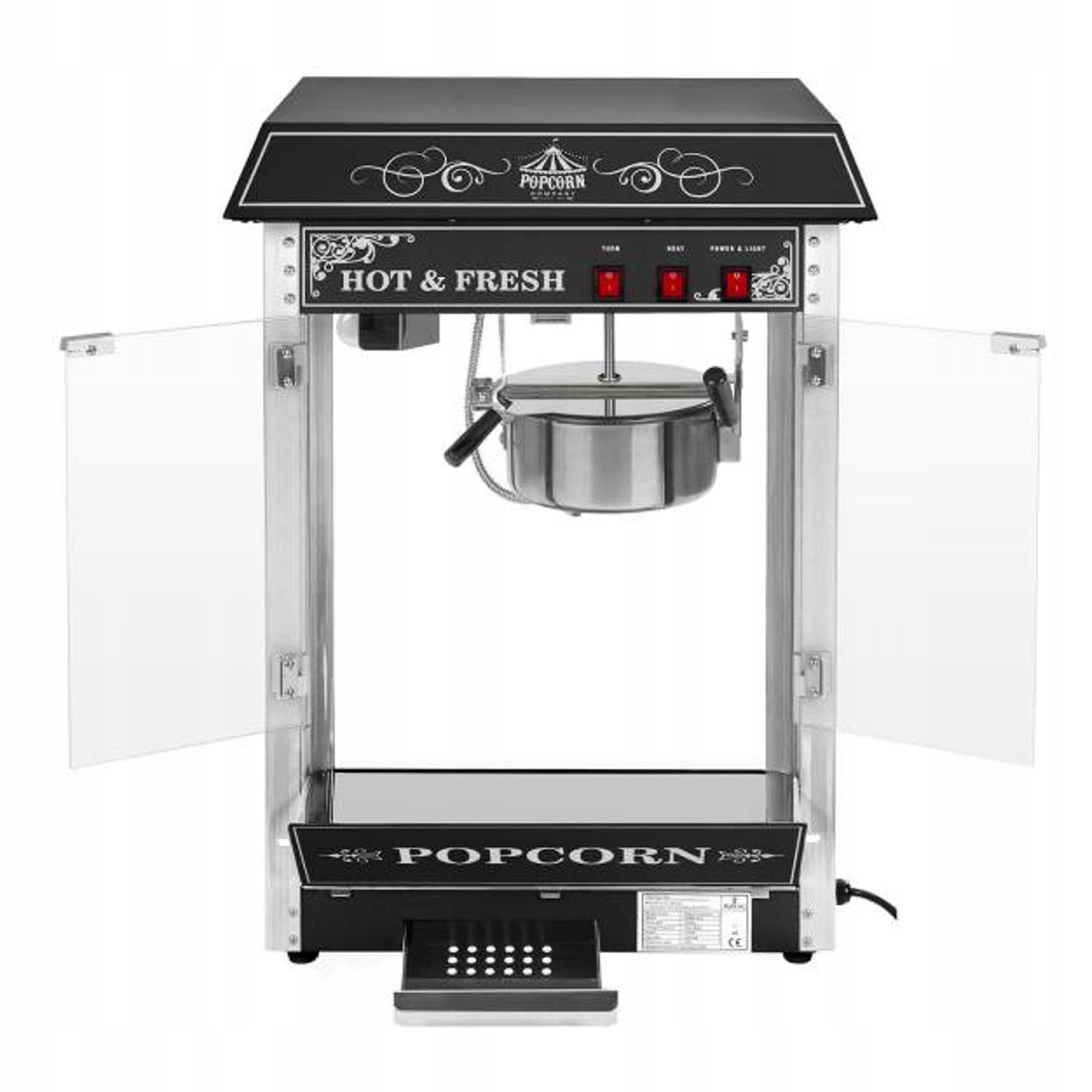Profesionálny výkonný nastaviteľný popcornový stroj 230V 1.6 kW čierny
