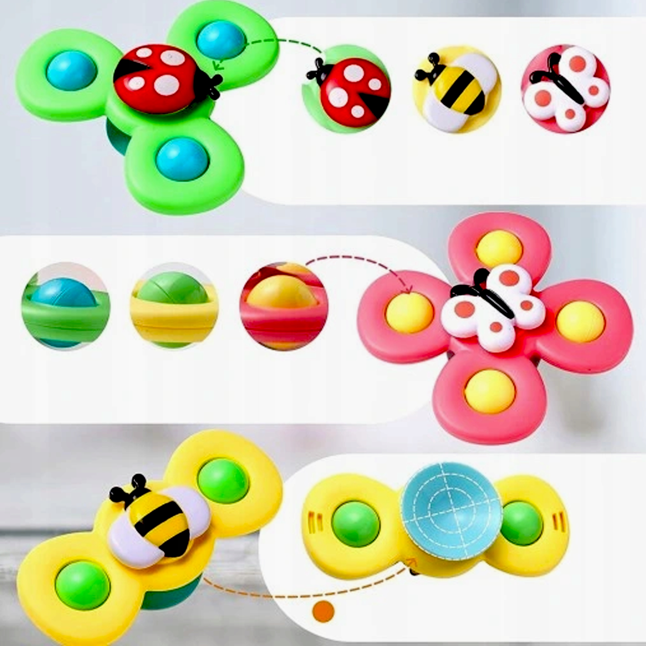 FIDGET SPINNER Z PRZYSSAWKĄ ZABAWKA SENSORYCZNA GRZECHOTKA ZESTAW 3 SZTUK Marka Woopie