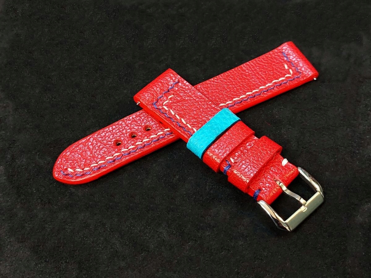 Pasek do męskiego damskiego zegarka czerwony 22 mm szyty ręcznie skóra