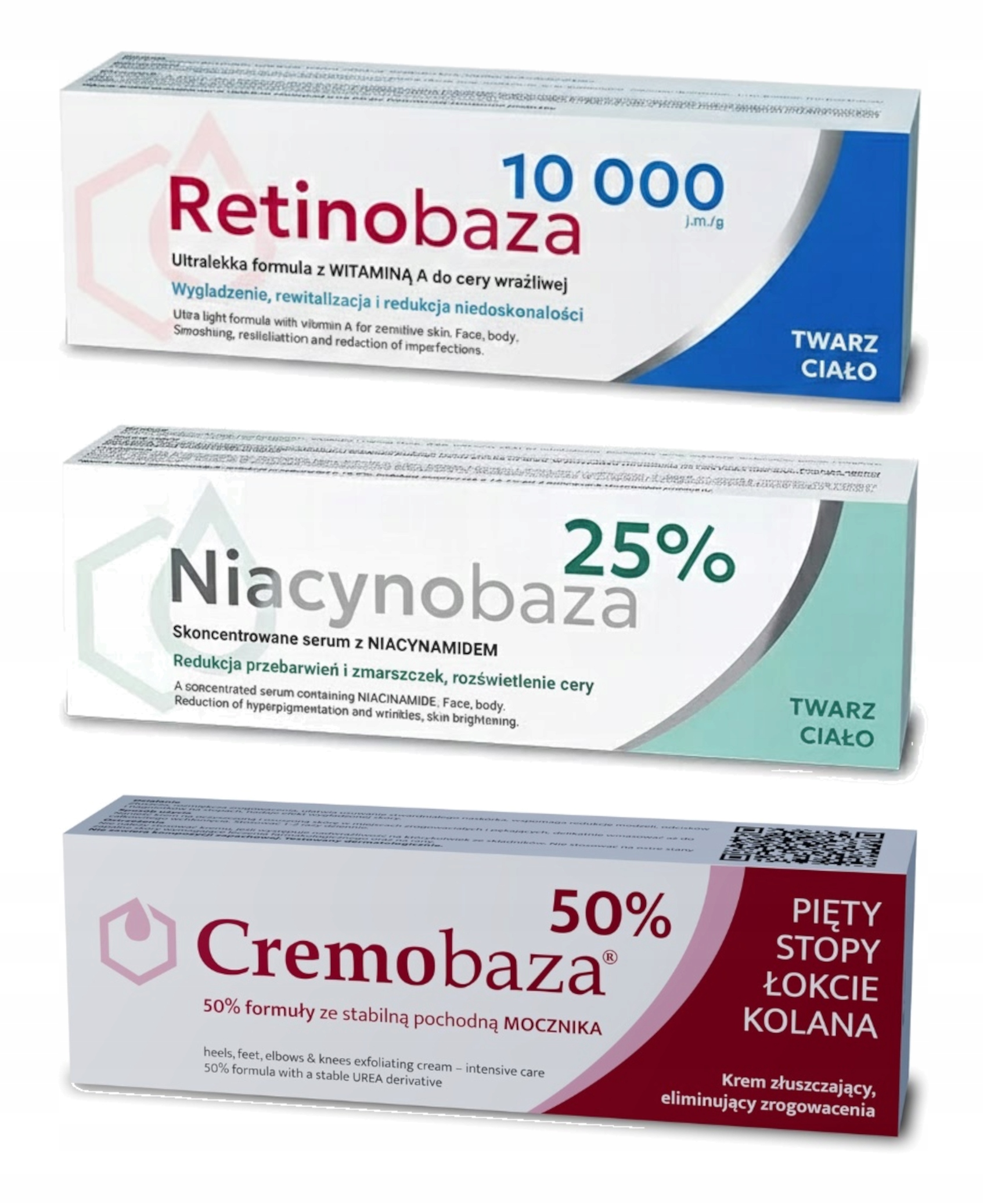 3 Kremy Farmapol Cremobaza 50%, NIacynobaza 25%, Retinobaza 10 000 3x 30g