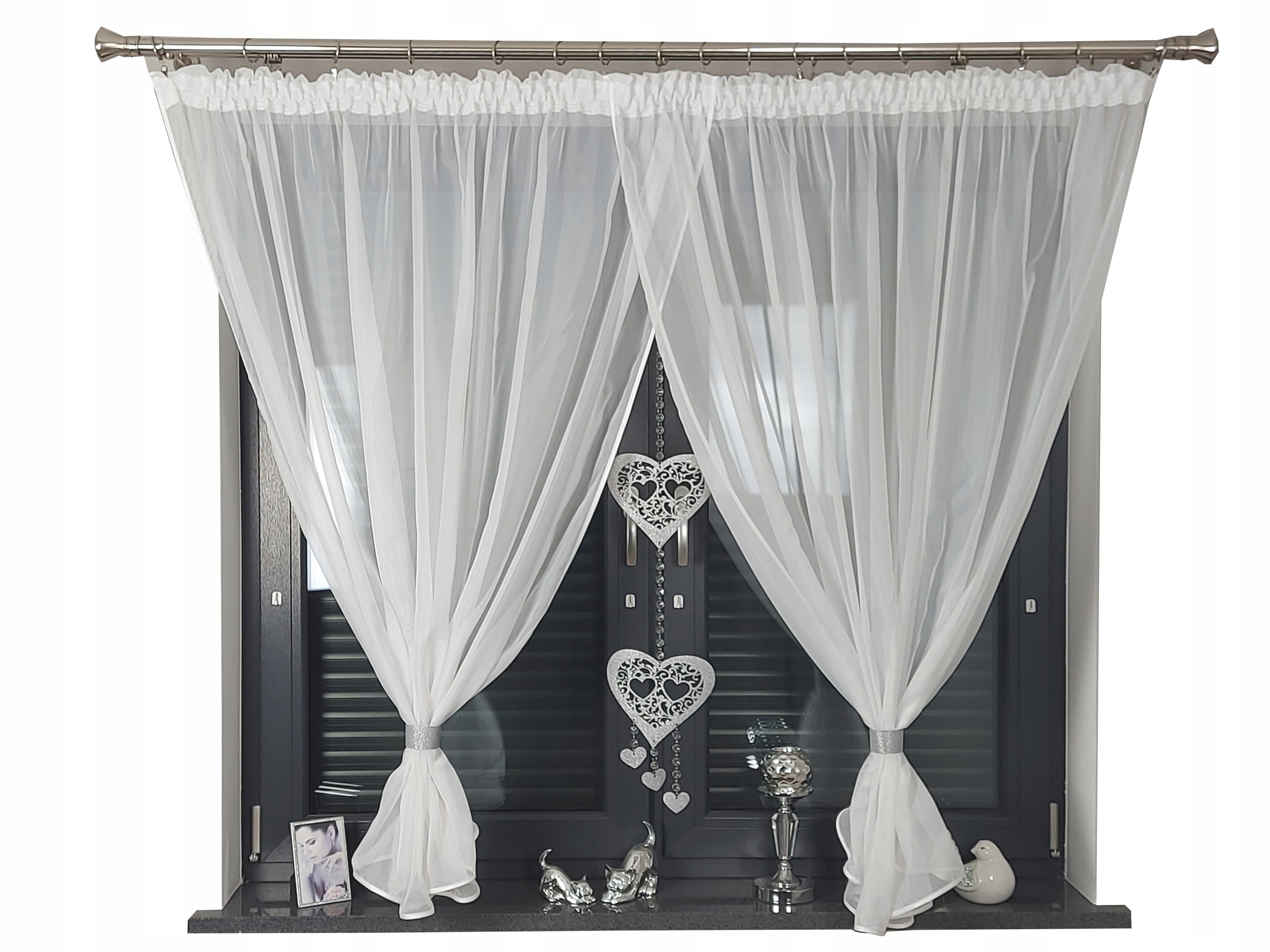 Firana Gotowa Z Zawieszką Ażur Girlanda Glamour 300X145 Serca Srebrne .15