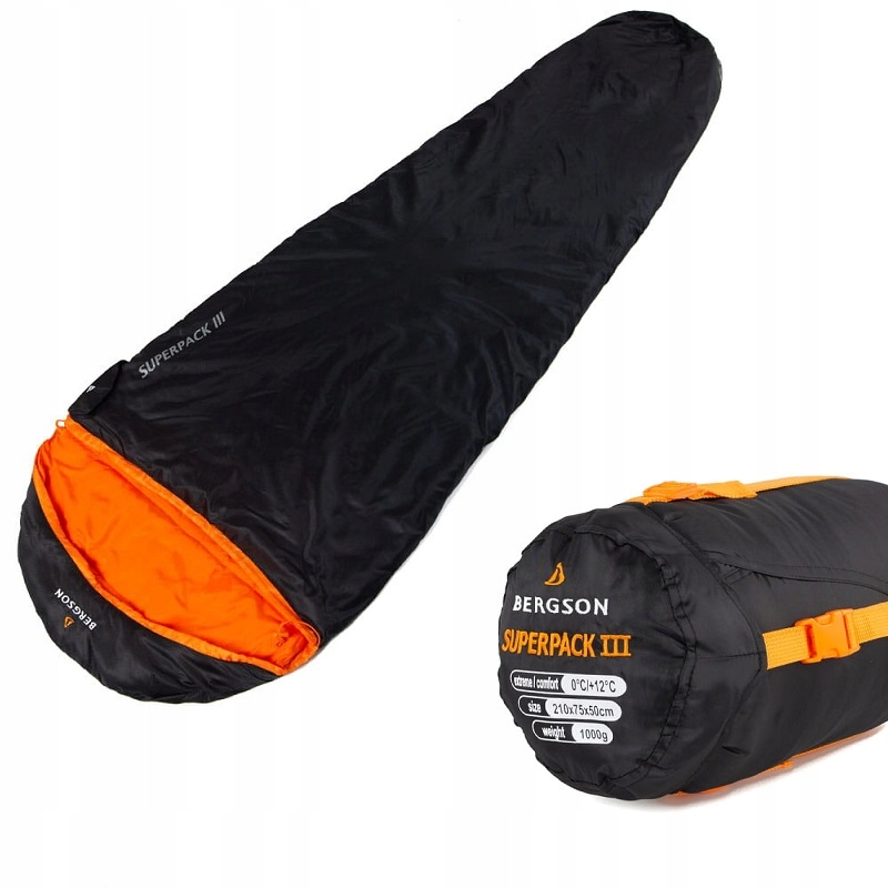 Spací pytel mumie Superpack III Bergson černý 210x75x50 cm, lehký na léto