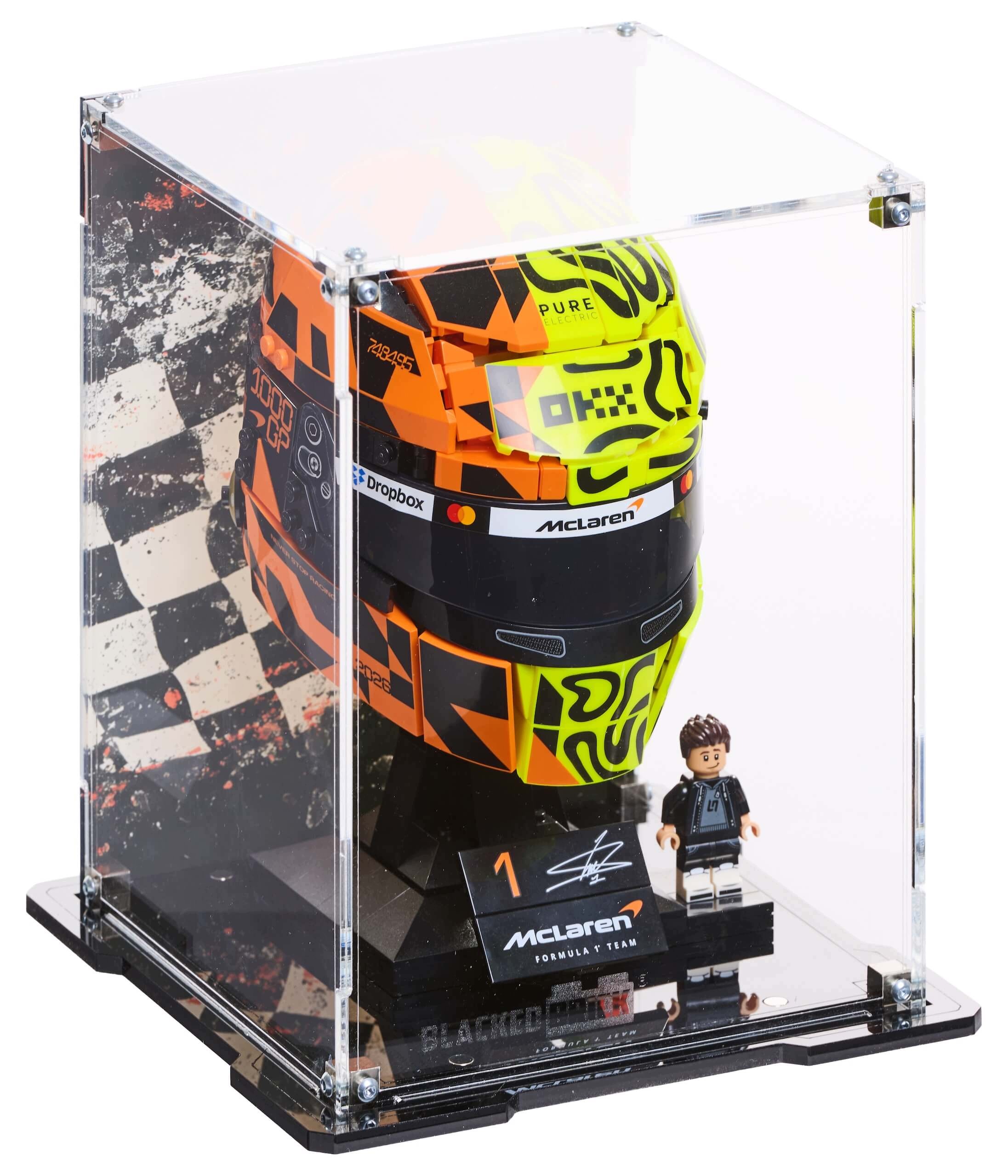 Vitrína s pozadím Blacked Brick pro Lego 43023 Přilba Lando Norris McLaren F1