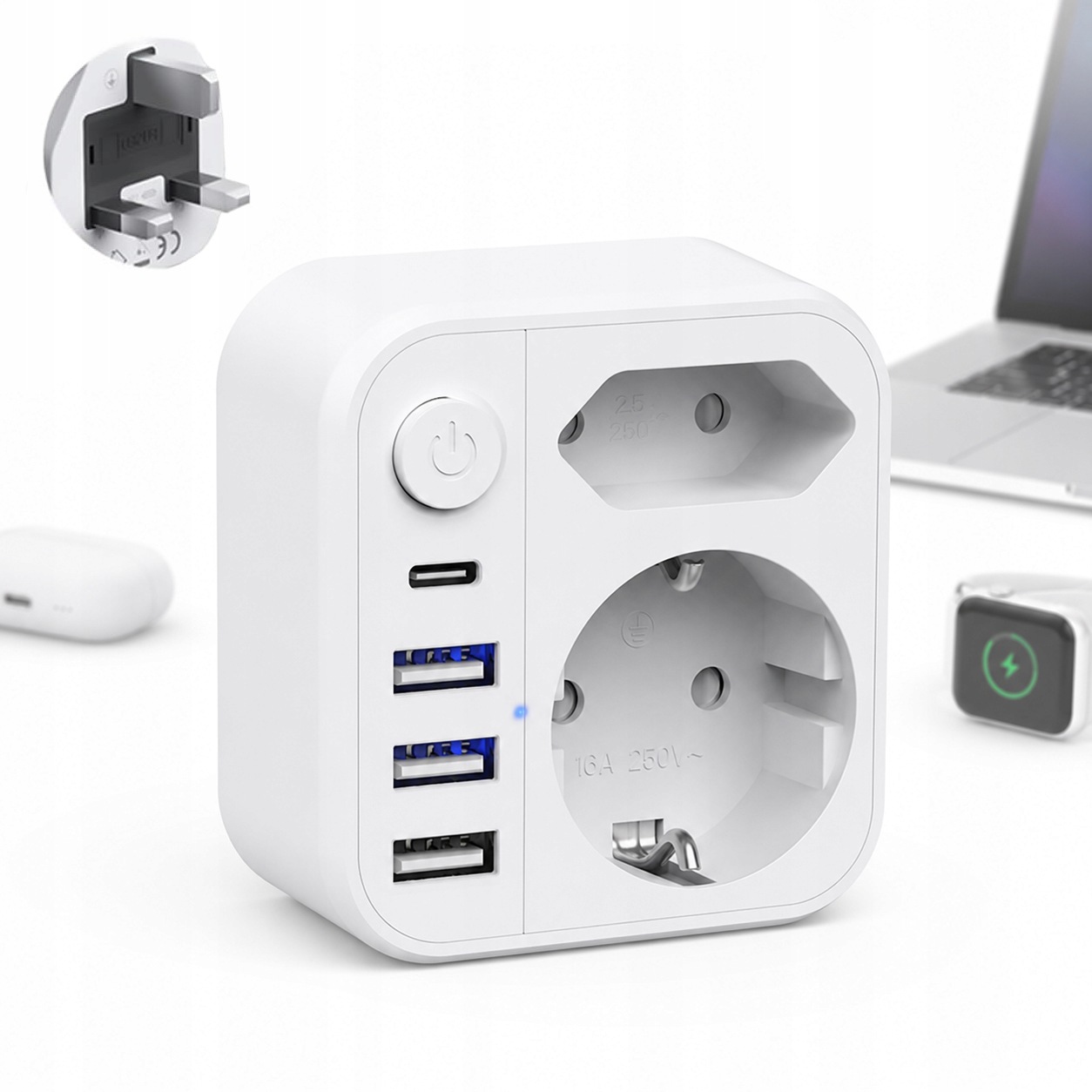 Adapter Podrozny do Uk Anglii Typ G Usb-c Usb-a 6w1