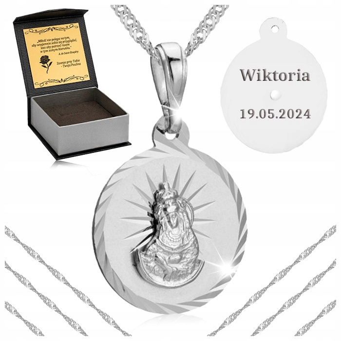 Stříbrný Řetízek Medailonek Matka Boží 925 Dárek Svaté Přijímání Křest Gravírování