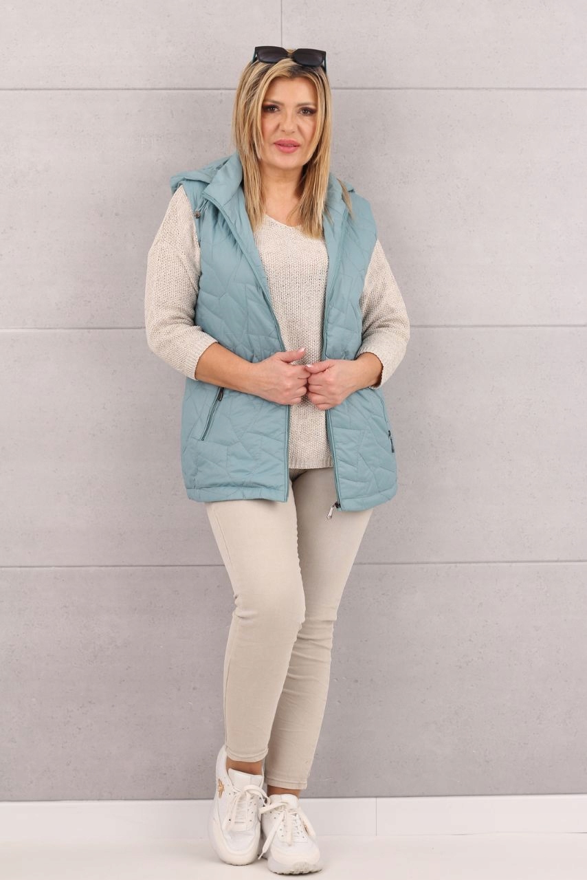 KAMIZELKA PIKOWANA DŁUGA Z KAPTUREM DAMSKA MODNY BEZREKAWNIK ROZMIARY Kolor niebieski
