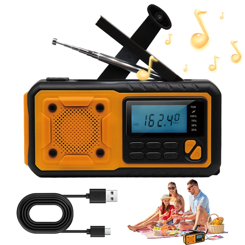 Přenosné oranžovo-černé rádio s baterií 4000 mAh a páskem na ruku