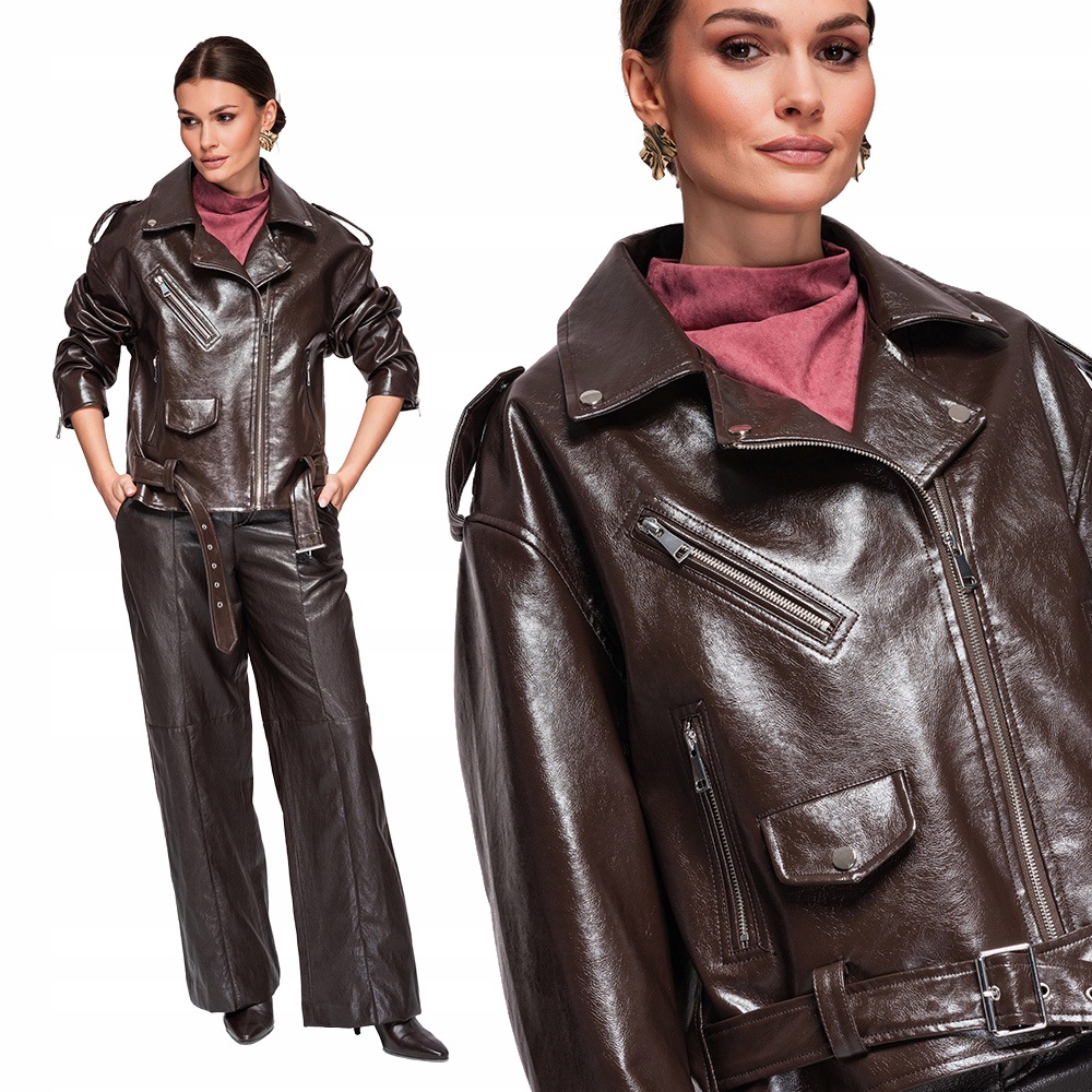 Dámská bunda biker asymetrická se zipem hnědá módní OW-JAFL-0111 S/m
