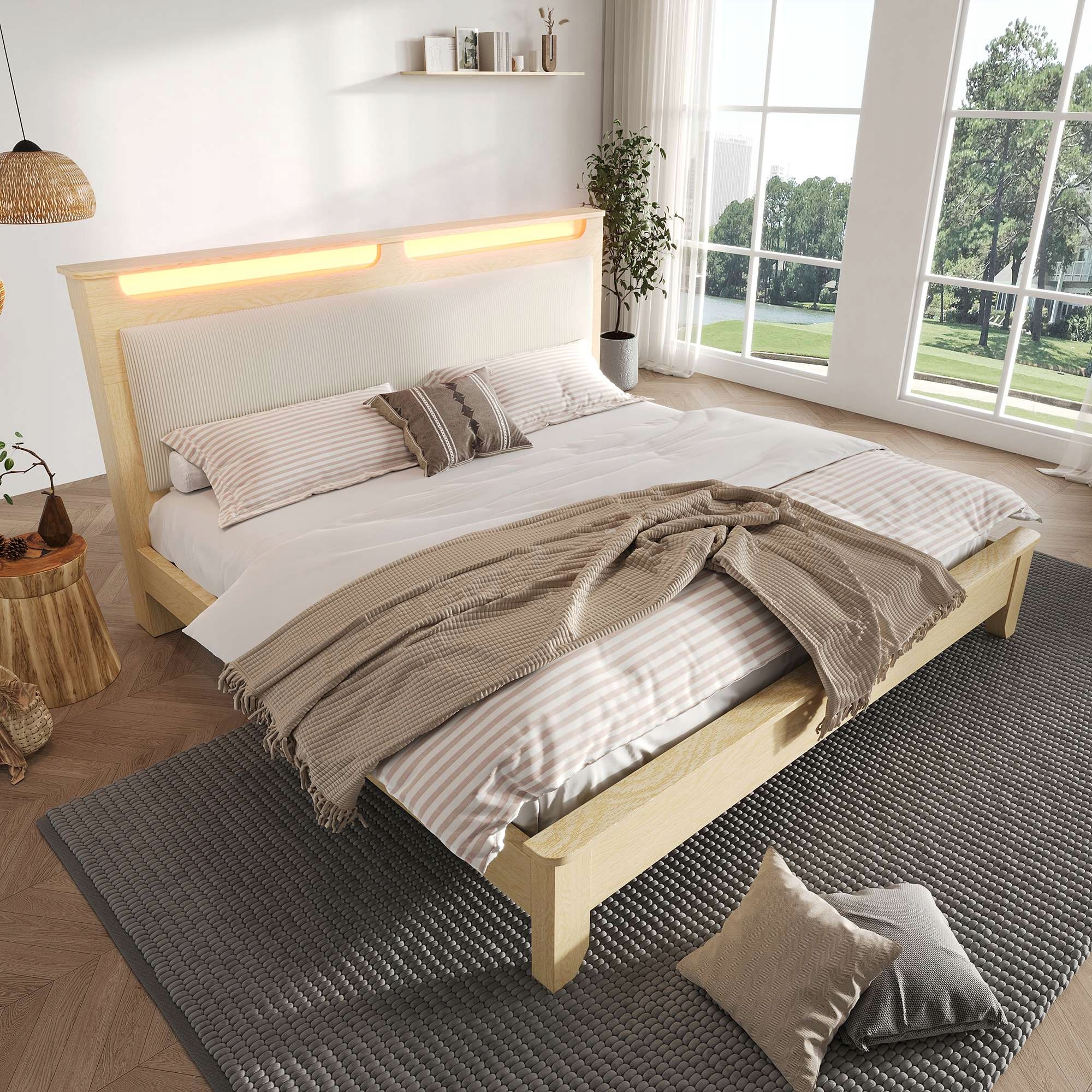 Dvojlůžko 160 x 200 cm Dřevěná postel Schránka Led Světlý dub