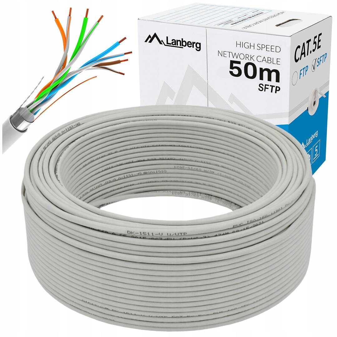 Kabel Przewód Sieciowy Lan S/ftp KAT.5E 50M Drut Cu Szary Fluke Passed