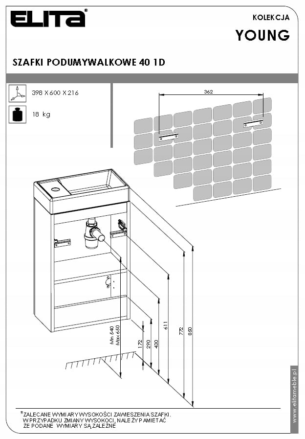 ELITA YOUNG BASIC SZAFKA + UMYWALKA 40 CM 163070 Marka Elita