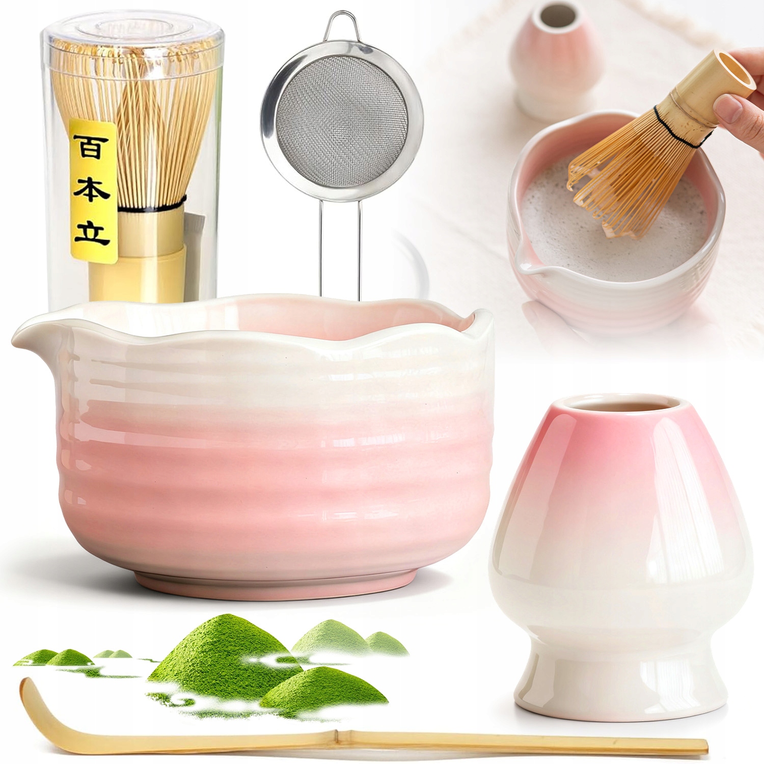 Levně Dárková Sada Na Čaj Matcha Šálek Metla Podstavec Lžička 6ER