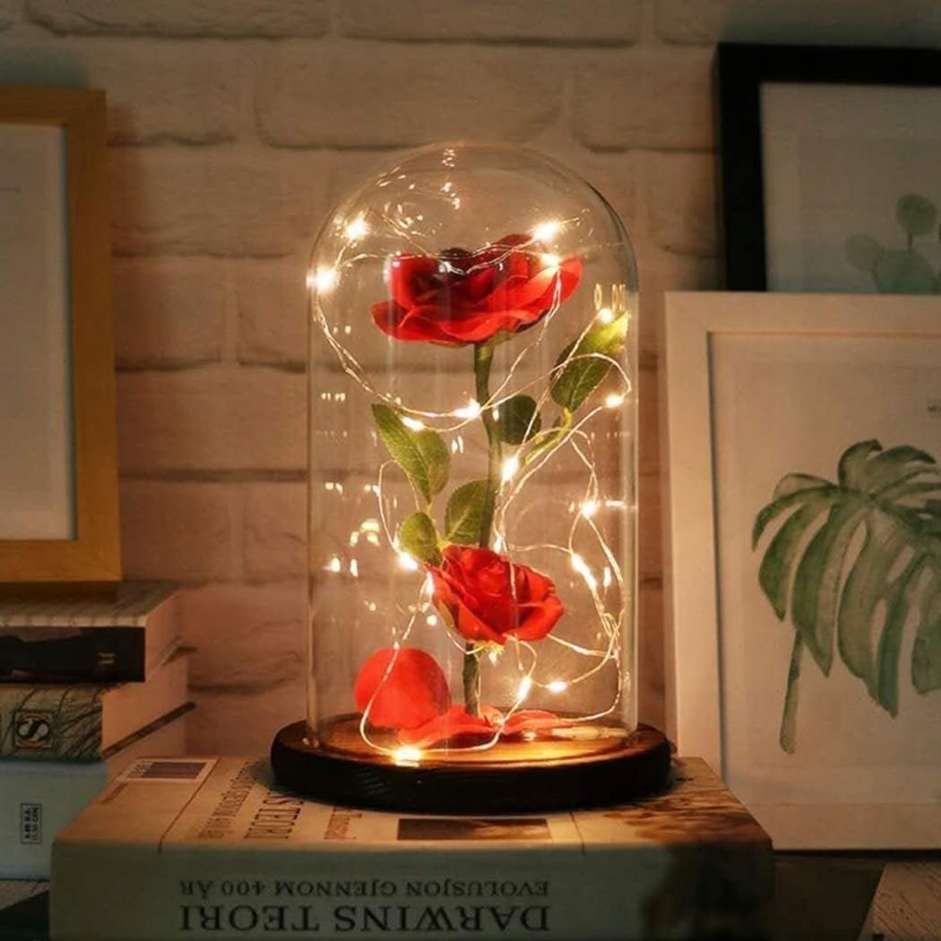 Stabilizovaná Růže ve skleněné kopuli s teplým světlem – Kráska a zvíře