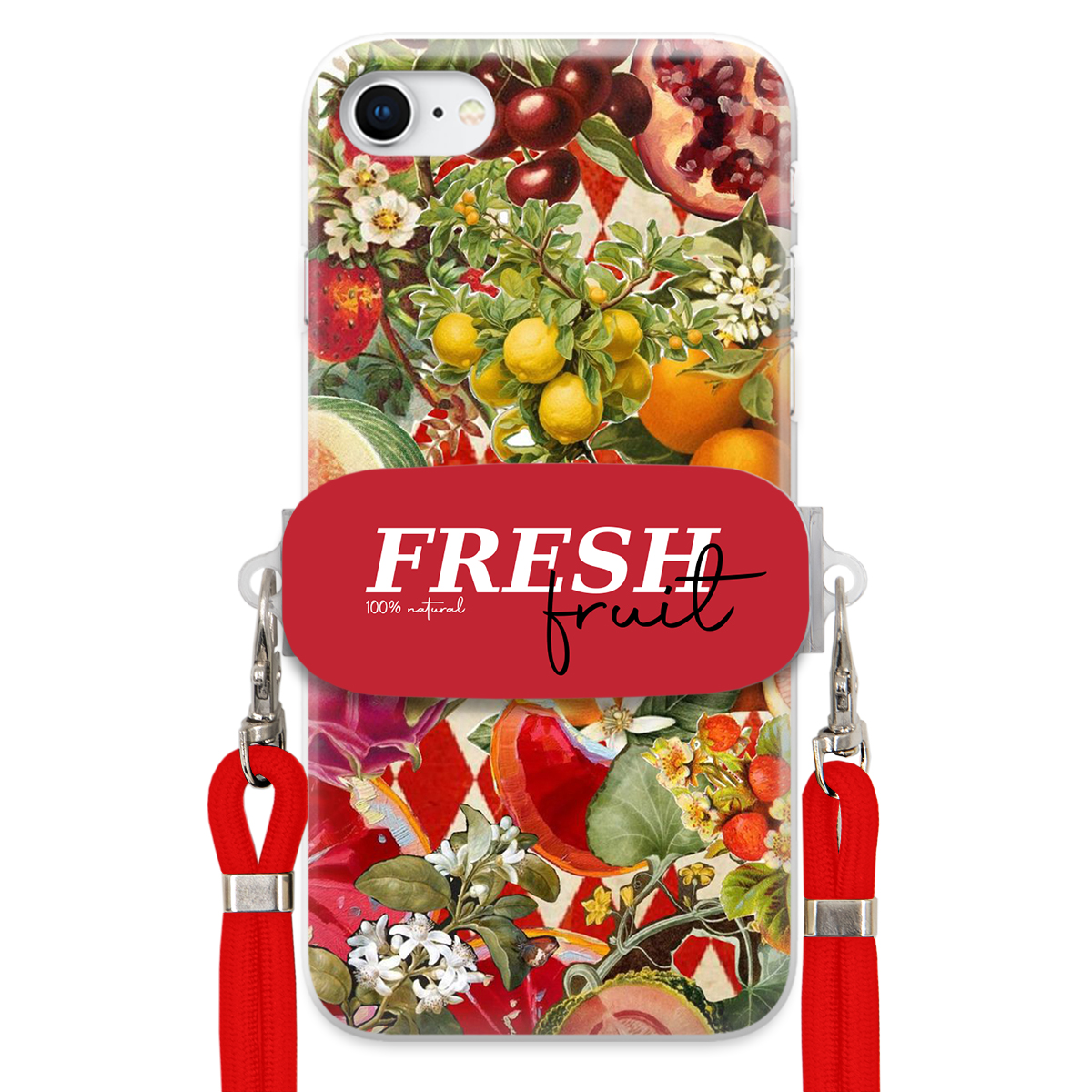 Puzdro pre iPHONE SE2 Červené Crossbody vodítko držiak Fresh Fruit Ovocné