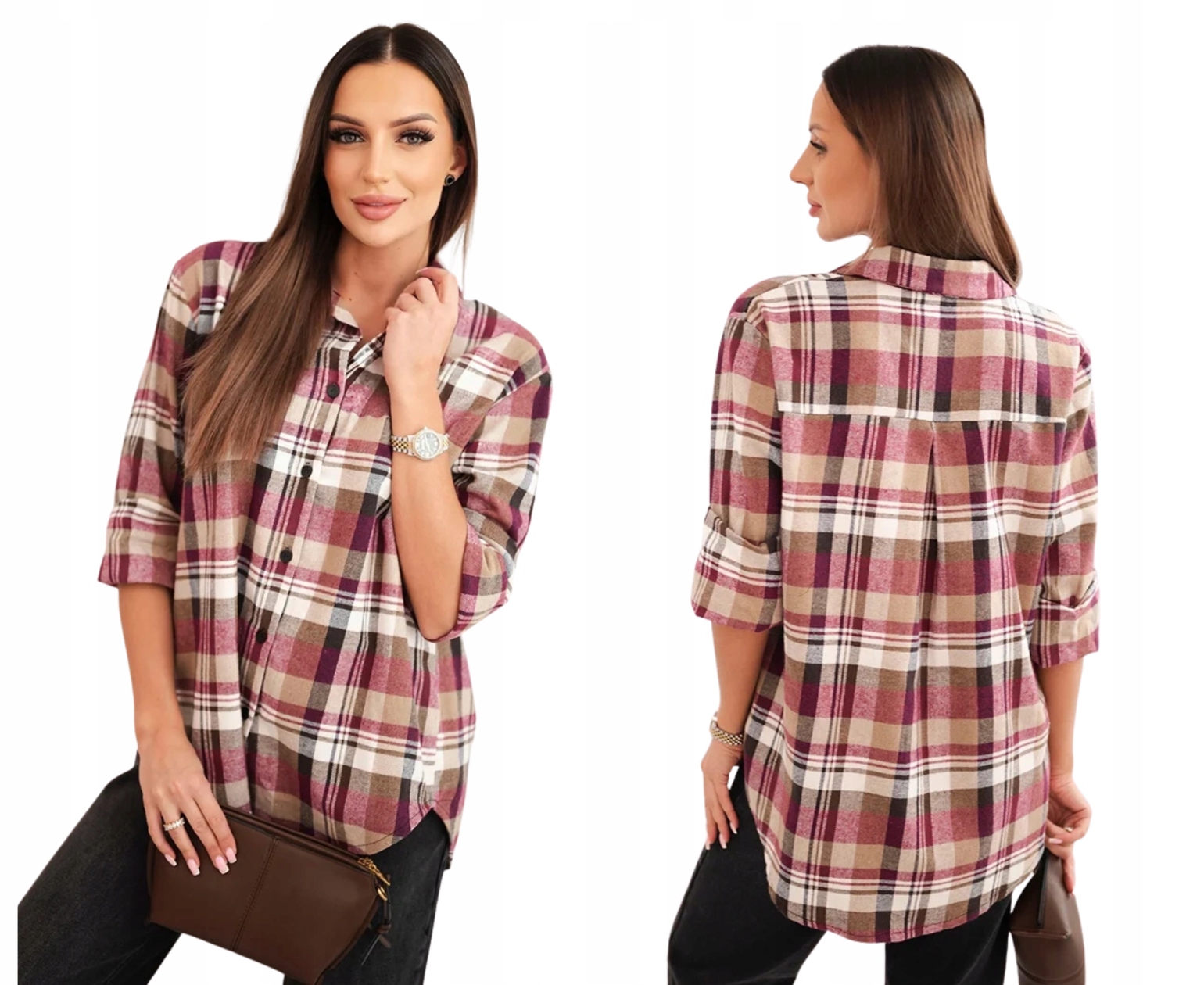 Béžová dámská kostkovaná bavlněná košile s delší zadní částí