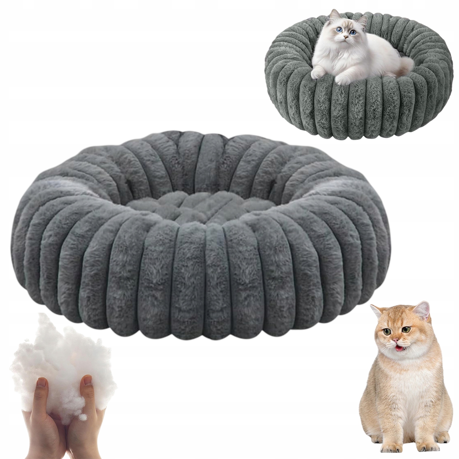 Levně Kulaté Pelíšek Pro Kočky 50 CM S Uklidňující Funkcí A Plyšově Šedé