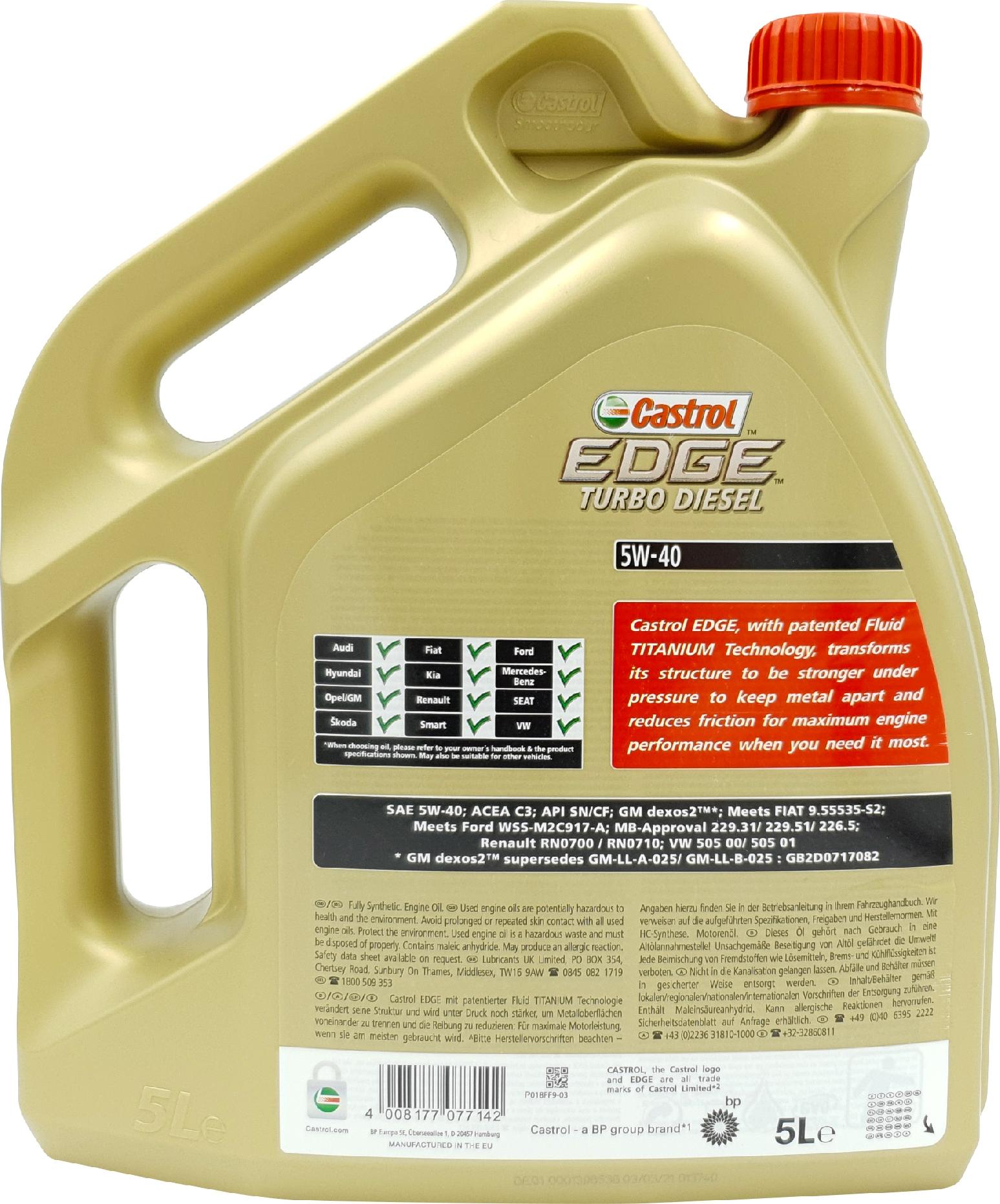 Кастрол 5w40 отзывы. Castrol Edge 5w40 Titanium c3. Castrol Edge Turbo Diesel 5w-40. Edge 5w-30 ll 5l. 5w30 Edge 5l.