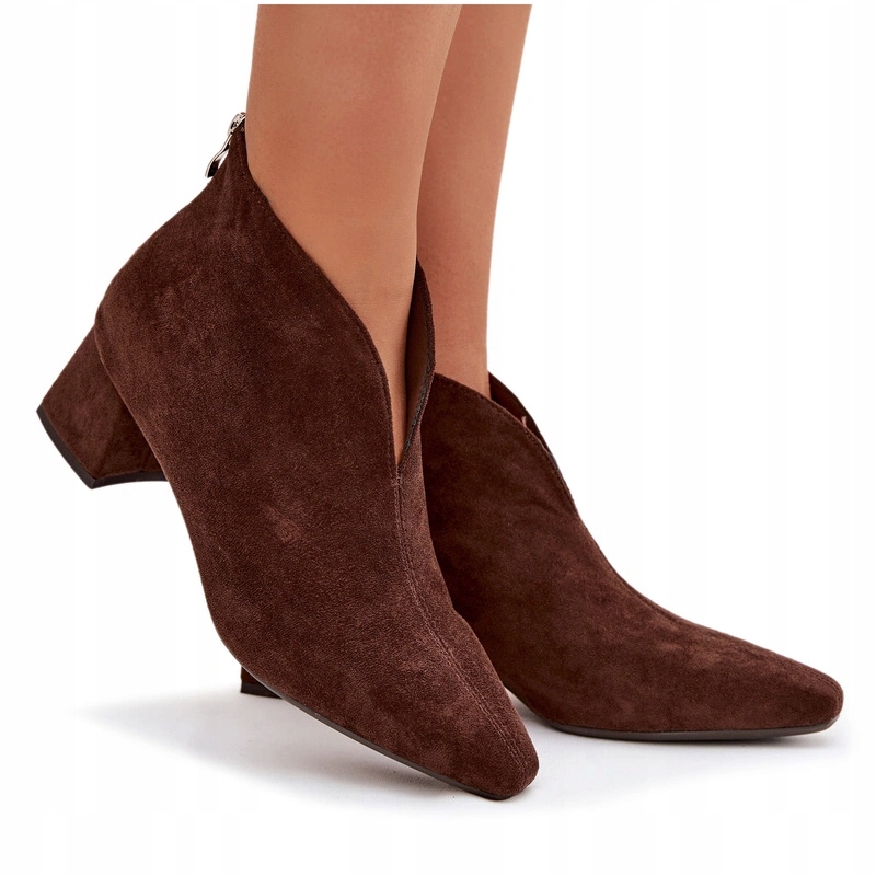 Dámské Kotníkové Boty Eko Semišové Podpatek Klocek Zip Na Zadní Straně Prošití Hnědé 41