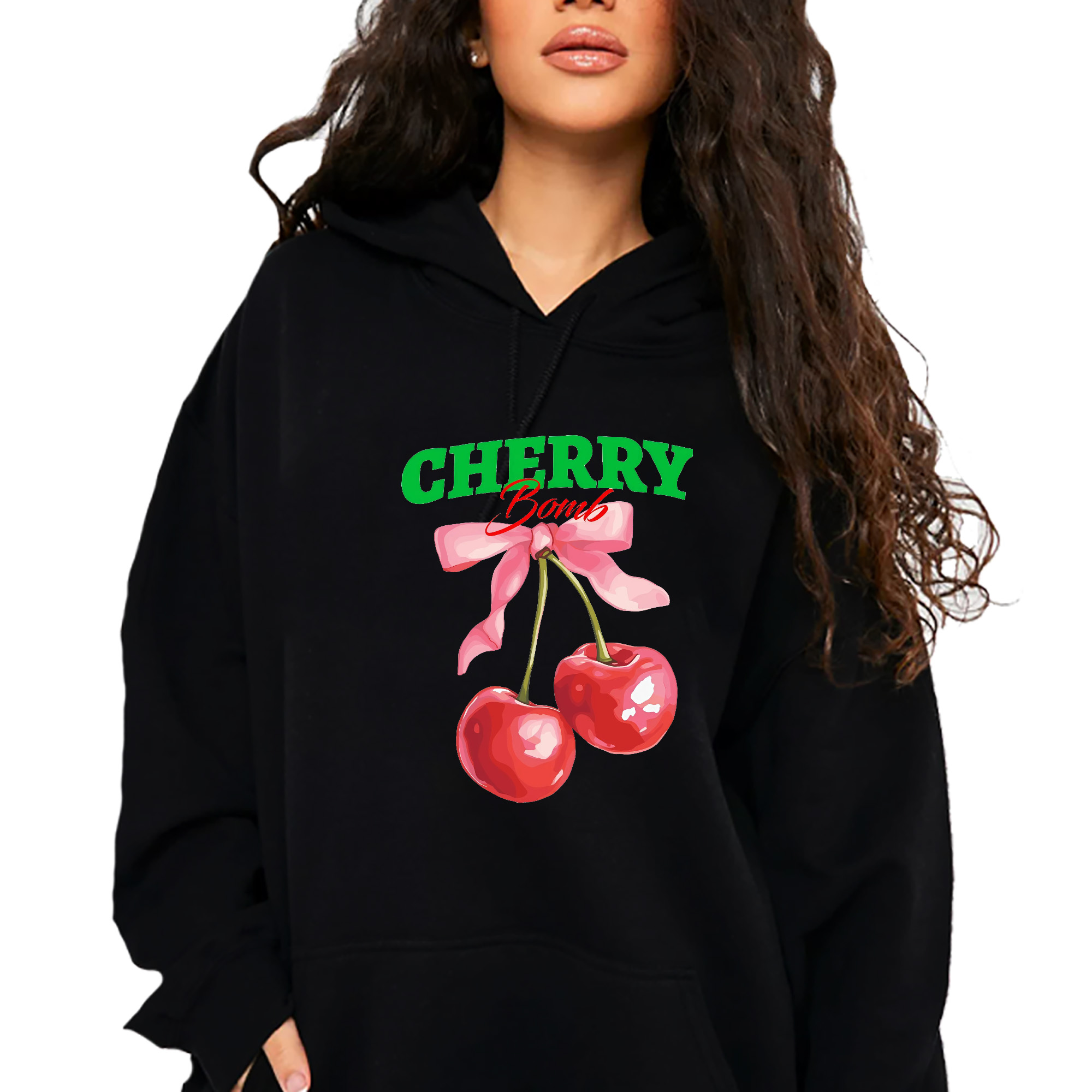 Černá bavlněná Mikina S Kapucí s kapucí, volnočasová, zimní, módní, Cherry Bomb, Vel L