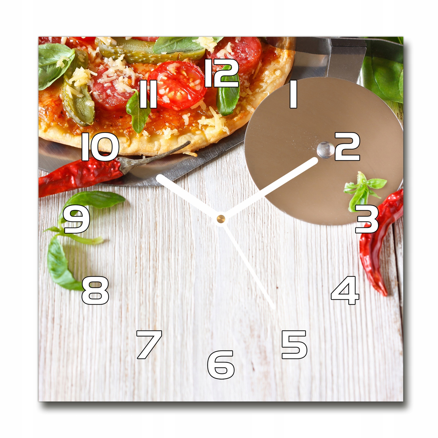 

Piękny cichy, szklany zegar do salonu Pizza 30x30